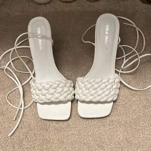 White 4 inch heeled strappy sandals
